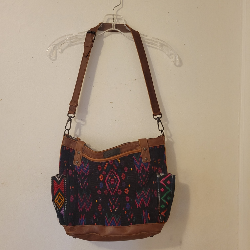 Nena & Co. Authentic Guatemala Satchel, Woven & Leather w/Dust Bag